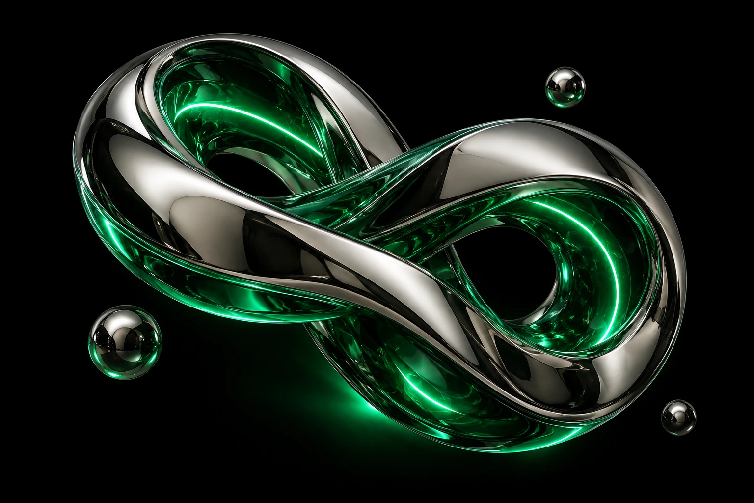 A polished chrome orbital sculpture with luminous emerald glass, floating in a black studio.